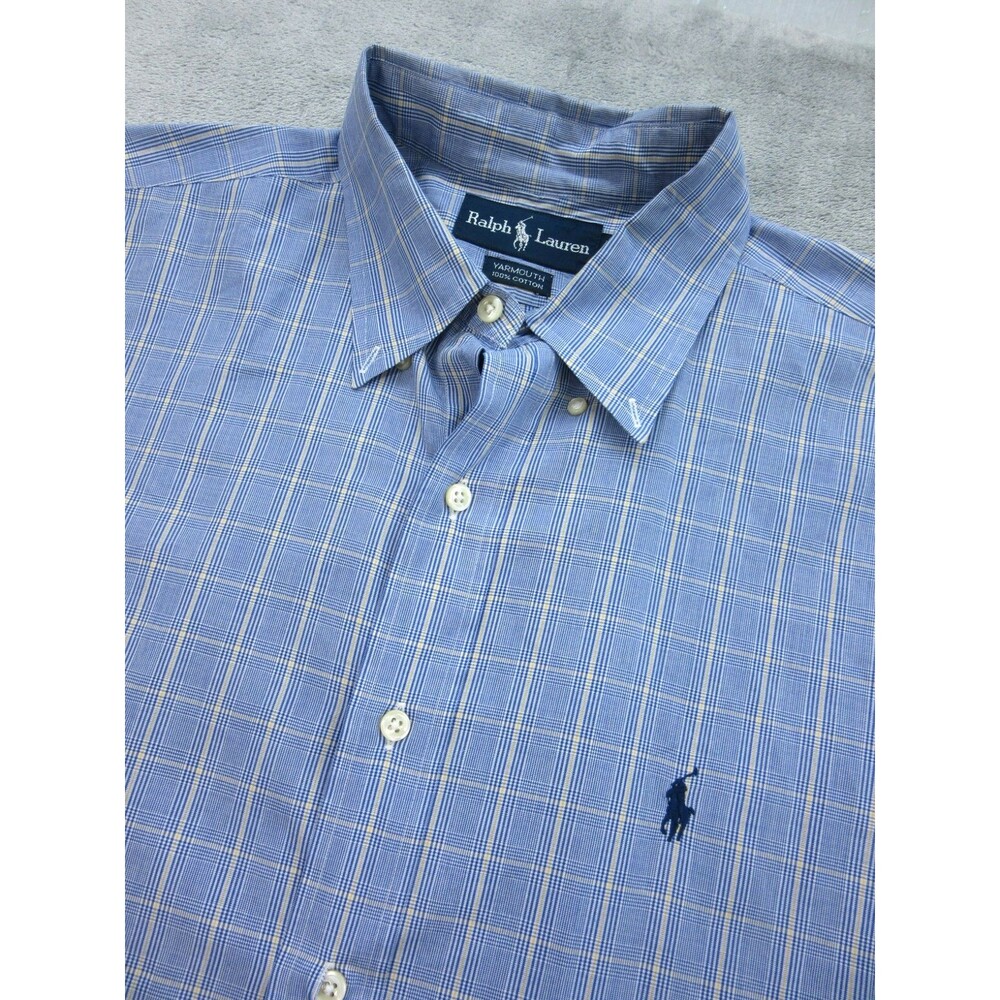 Vtg Ralph Lauren Mens 16.5 /35 Shirt Yarmouth Buttoned Down Long Slv Plaid Blue